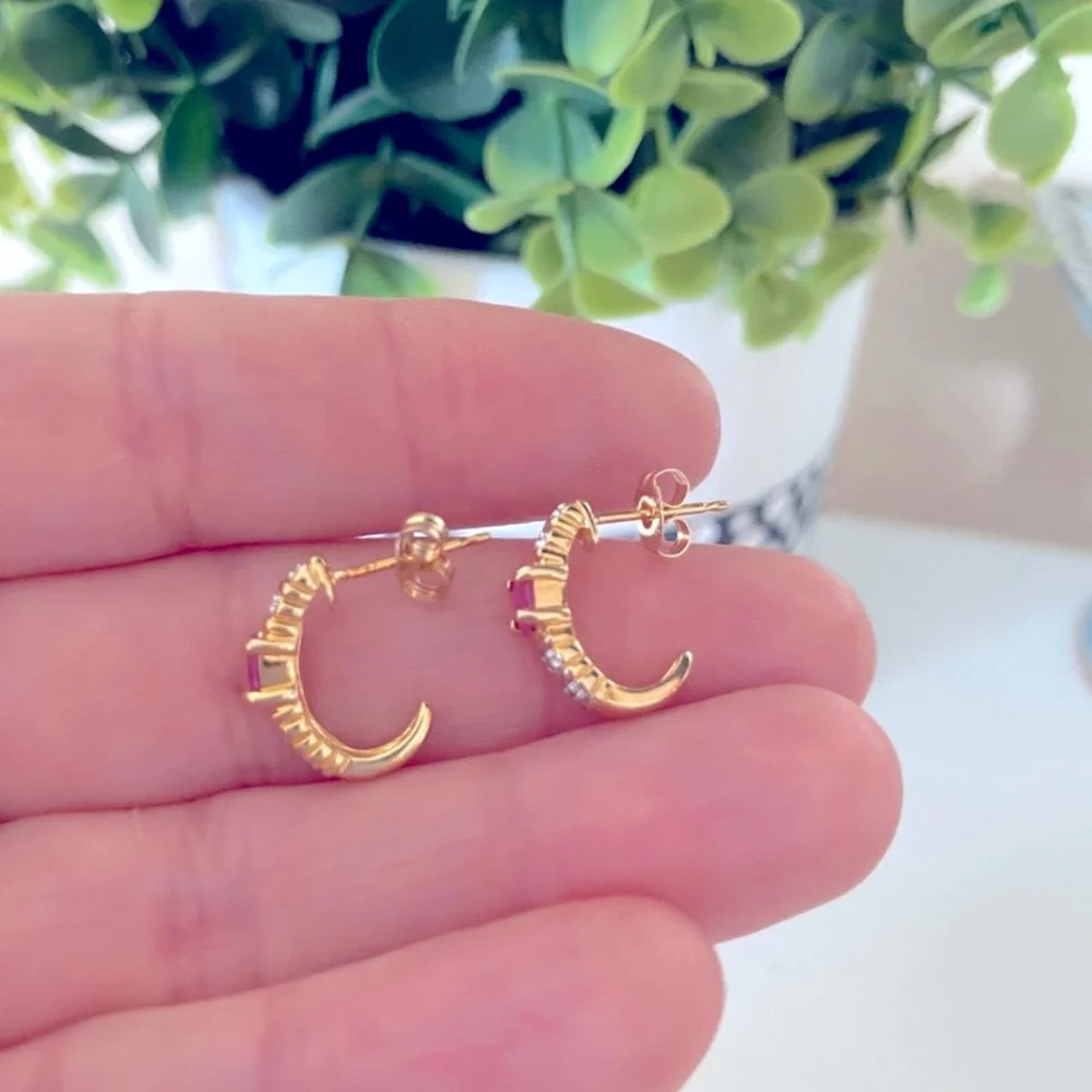 Ross Simons Gold over Sterling Silver 925 Diamond Accent Ruby 1/2 Hoop Earrings - Picture 2 of 4